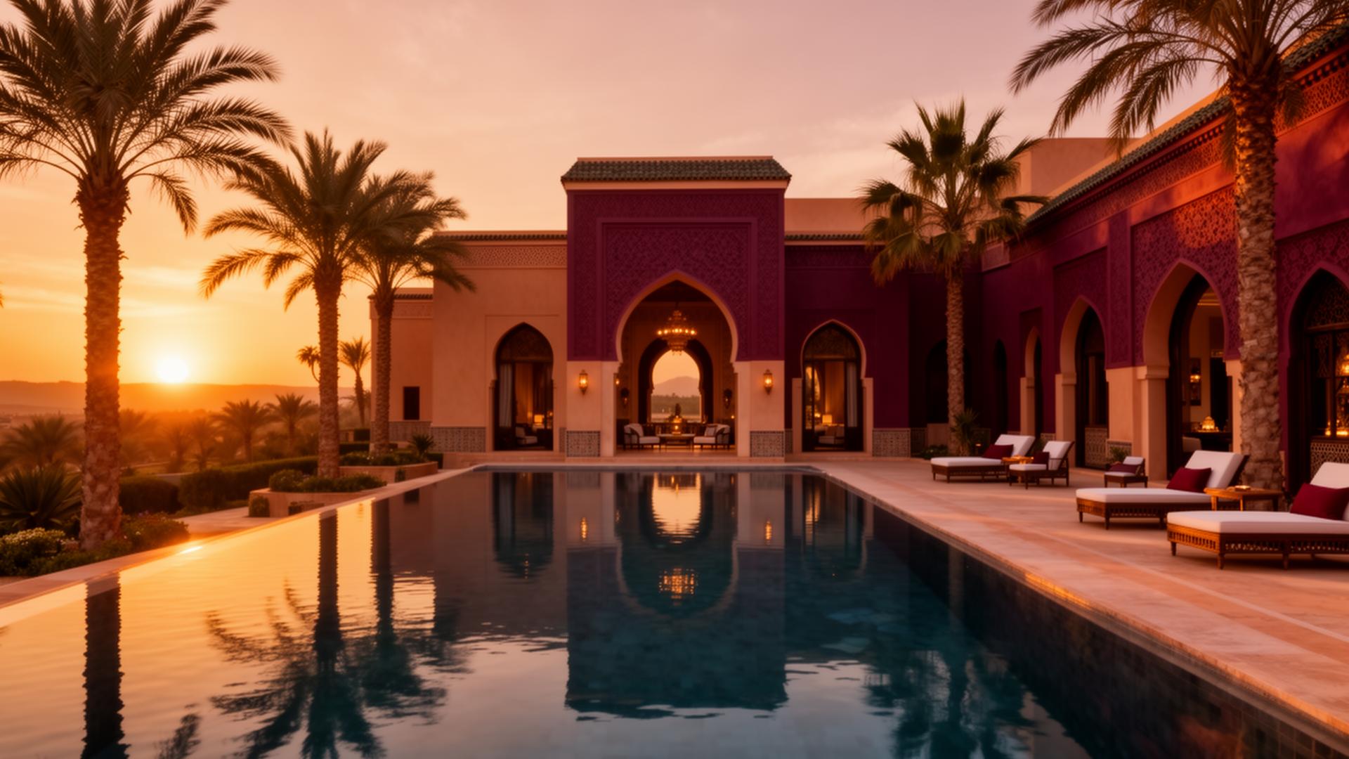 Palais Shahzada at sunset — pool, palms, and refined Moroccan luxury